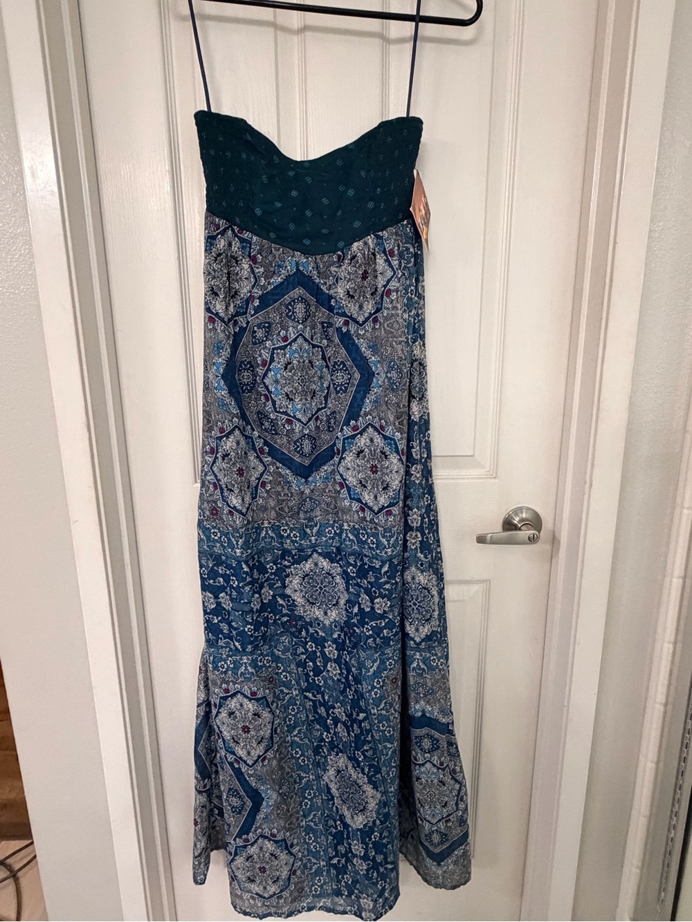 Roxy Teal and Navy Strapless Printed Maxi Dress